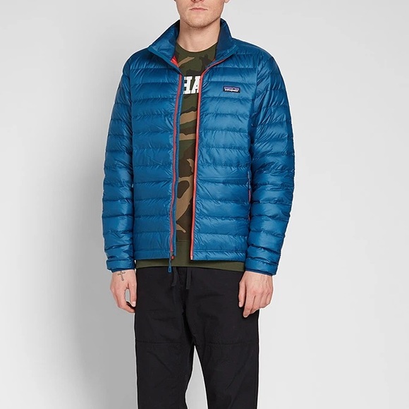 Patagonia Men’s Down Sweater Puffer Jacket – Big Sur Blue, Fire Red, Size L - Picture 6 of 7